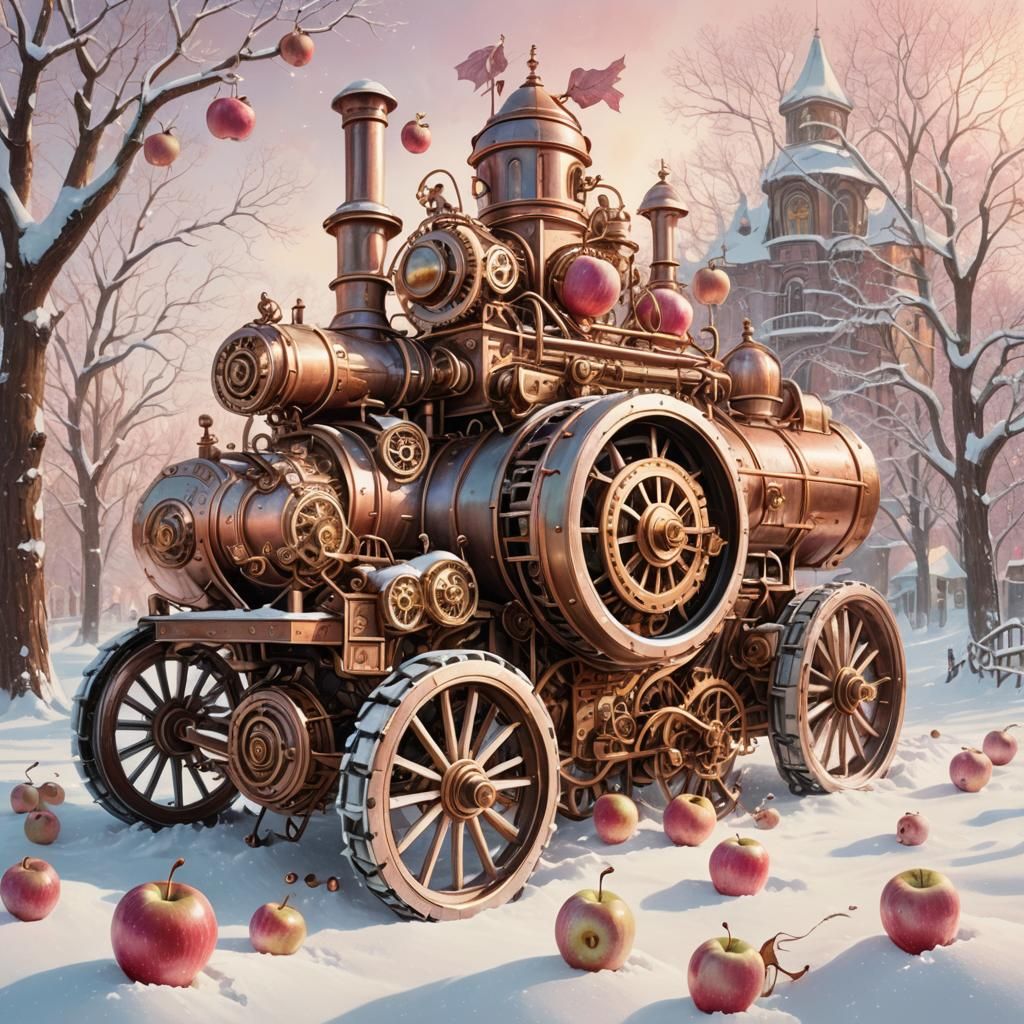 Steampunk Apples on Snow: Whimsical Illustration