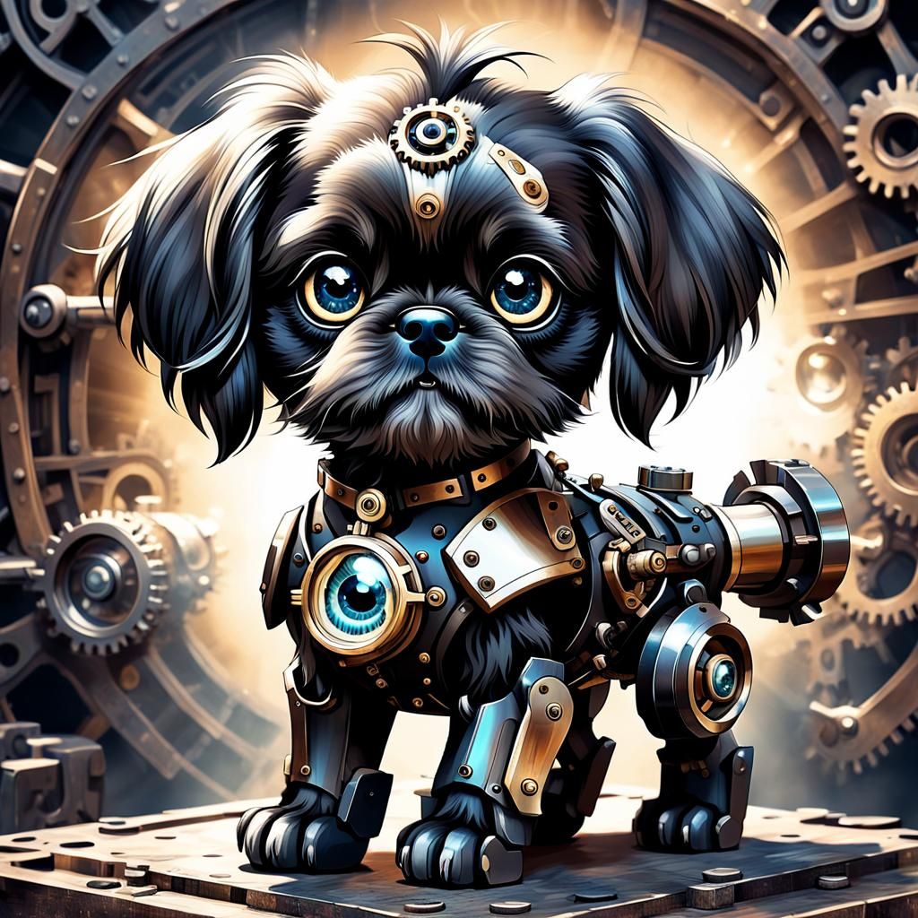 Steampunk Lhasa Apso Chibi with Mechanical Limbs