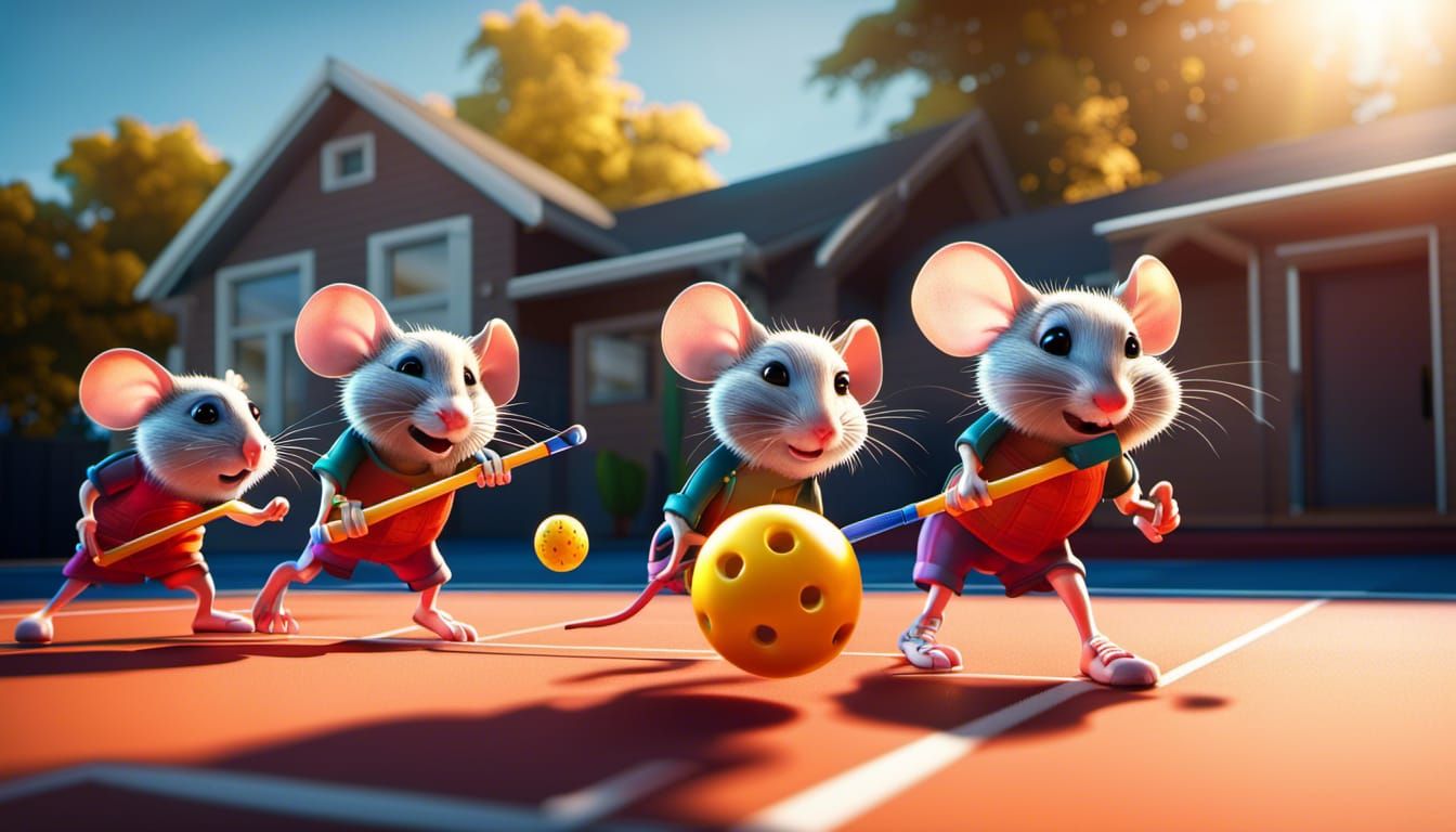 Mice Play Pickleball: Vibrant 3D Rendering