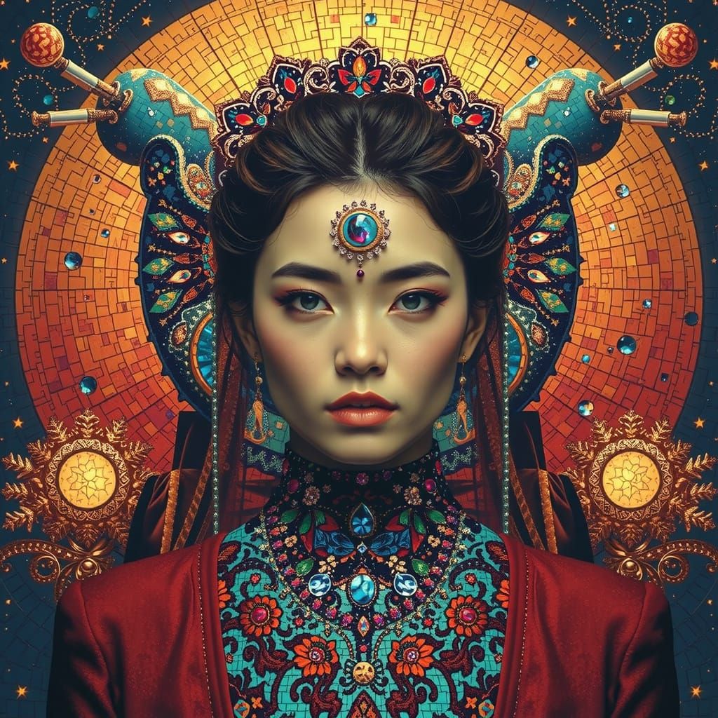 Iridescent Mosaic Woman in Starry Night Sky