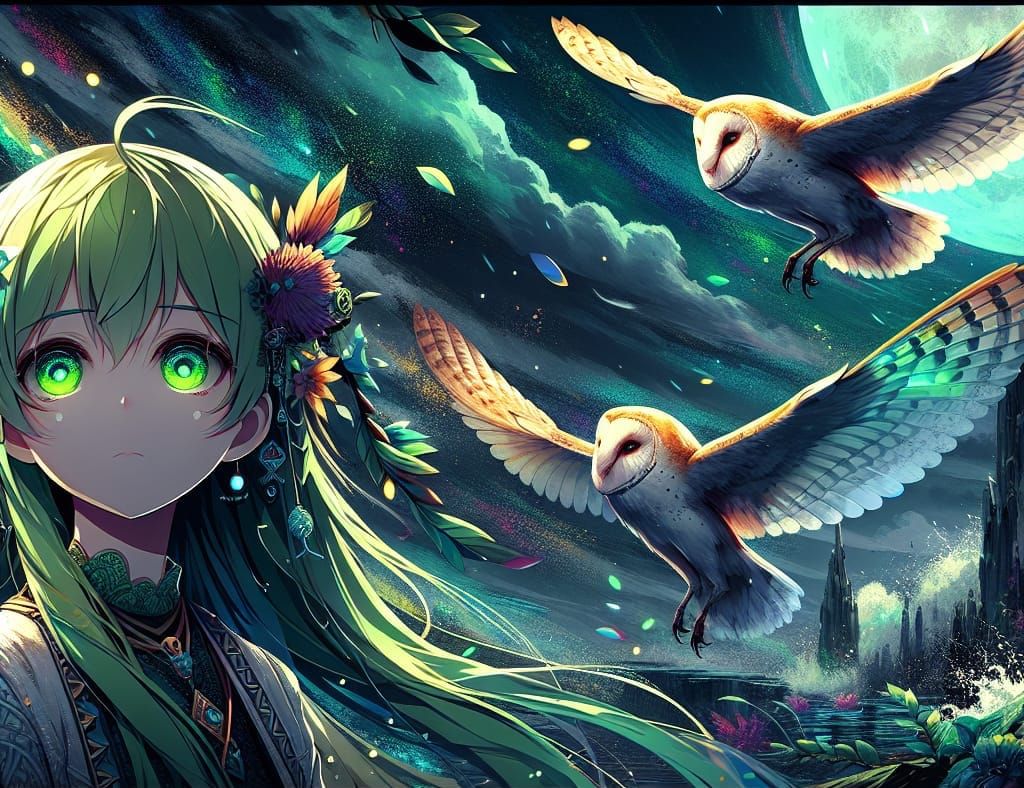 Anime Girl Gazing at Night Sky with Owls
