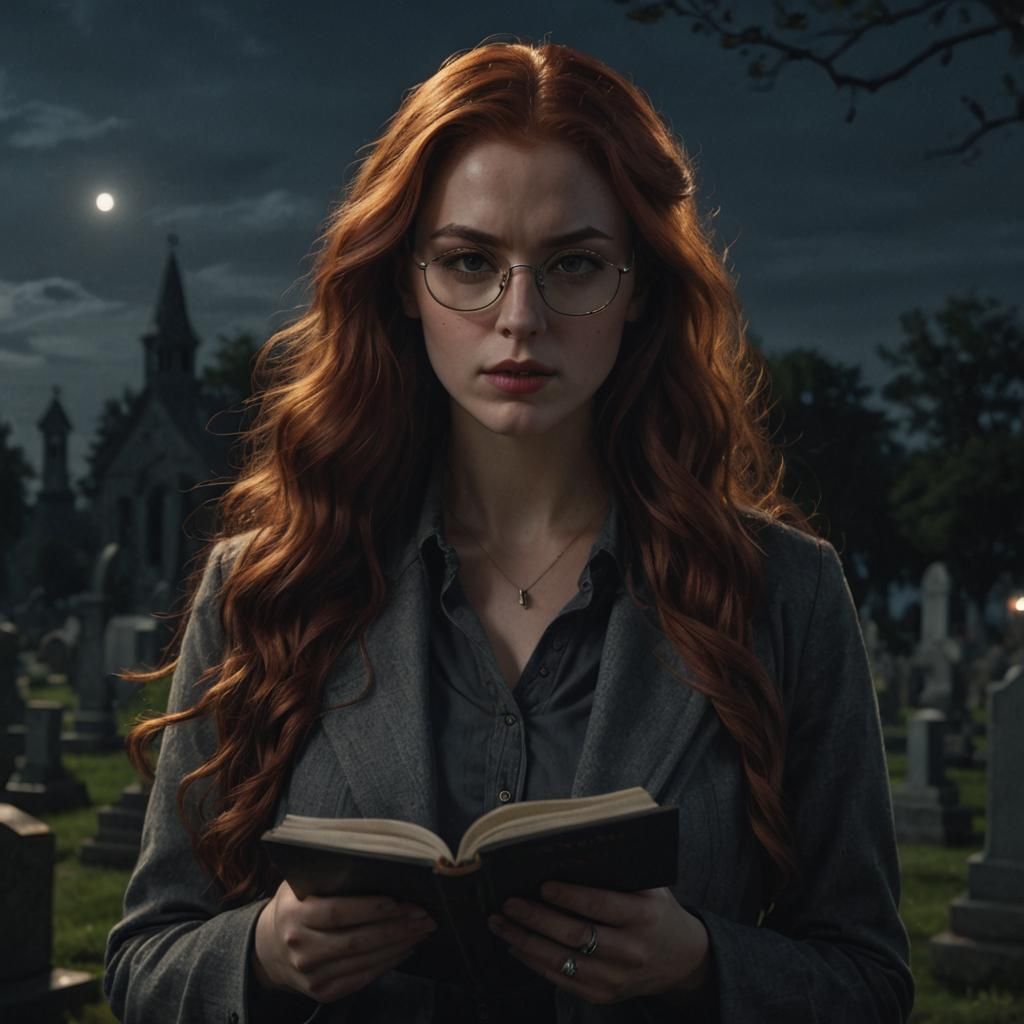 Redhead in Cemetery: Hyperrealistic Dark Fantasy Portrait