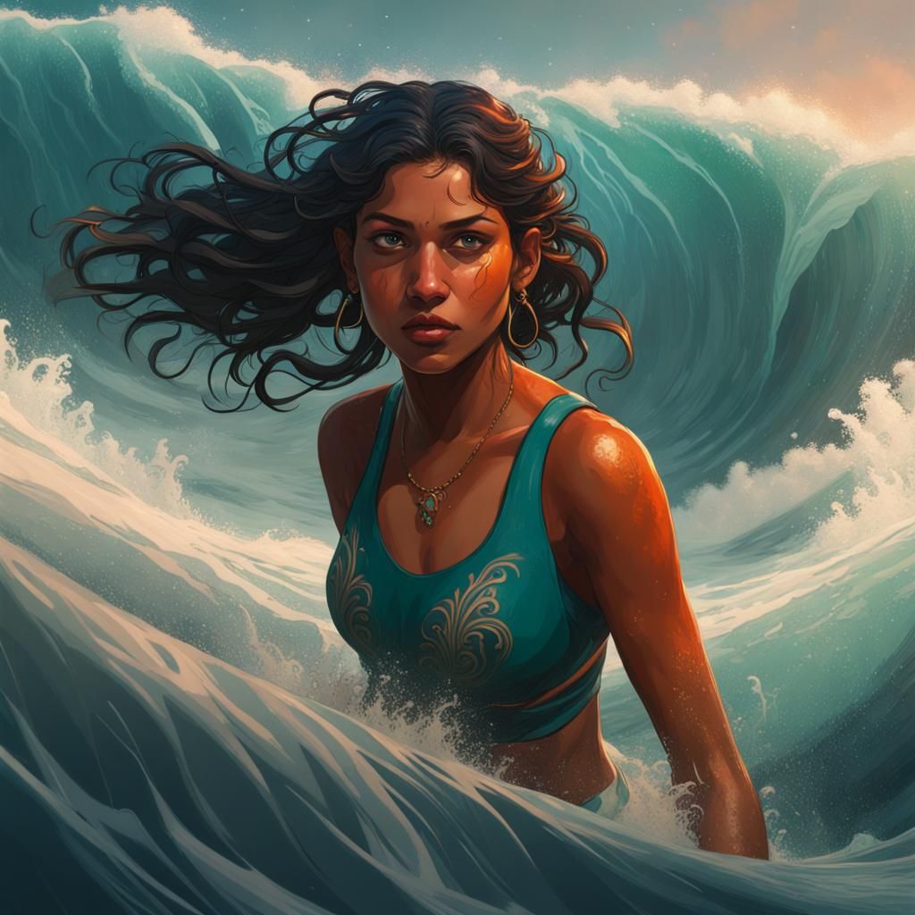 Indian Girl Swimming in Monster Waves