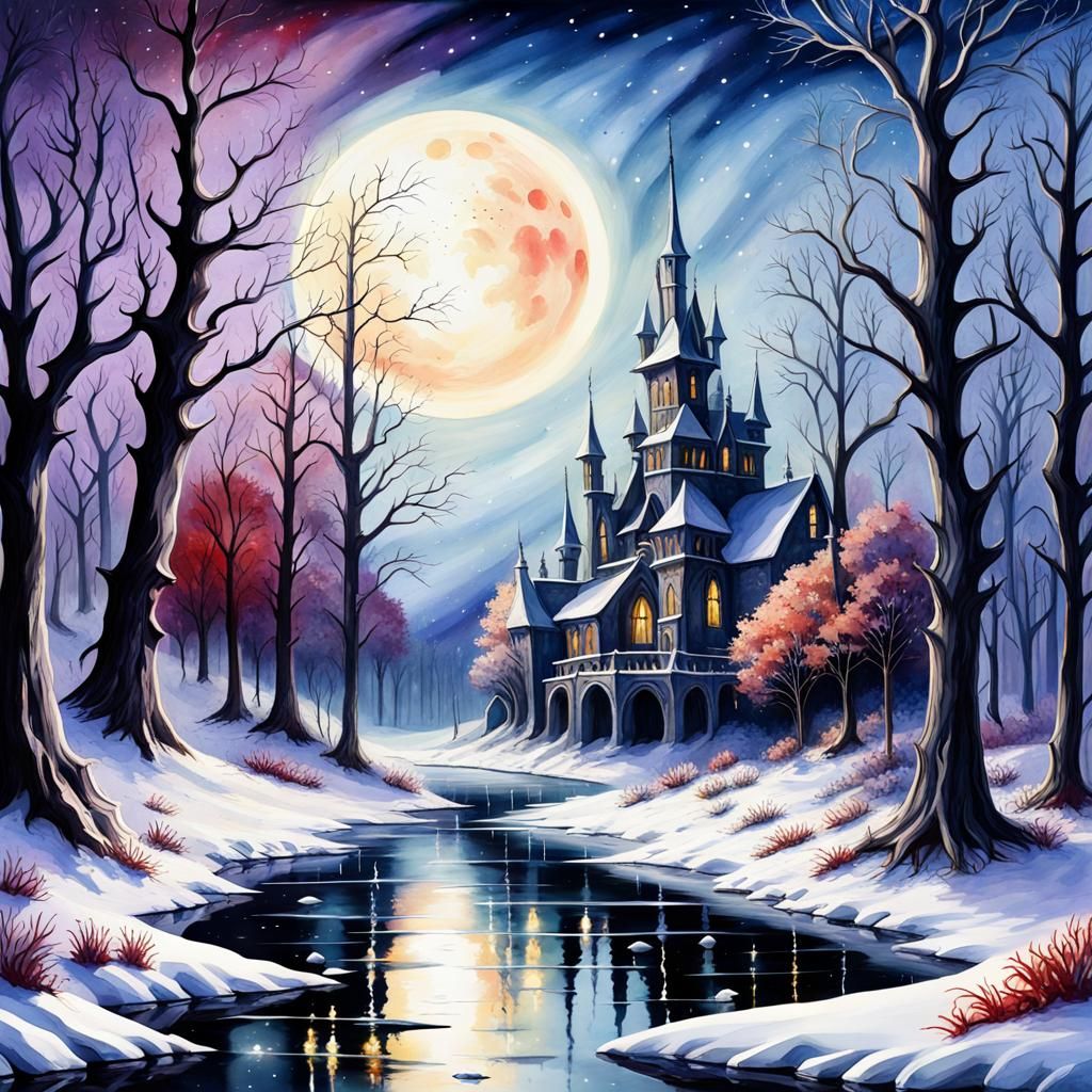 High Gothic Winter Landscape in Watercolor Style