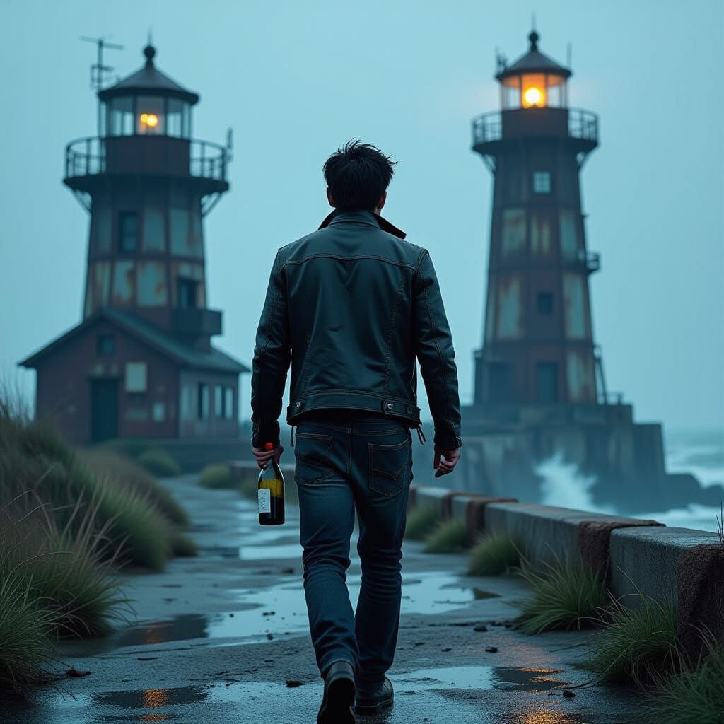 Cyberpunk Asian Man Walks Towards Lighthouse