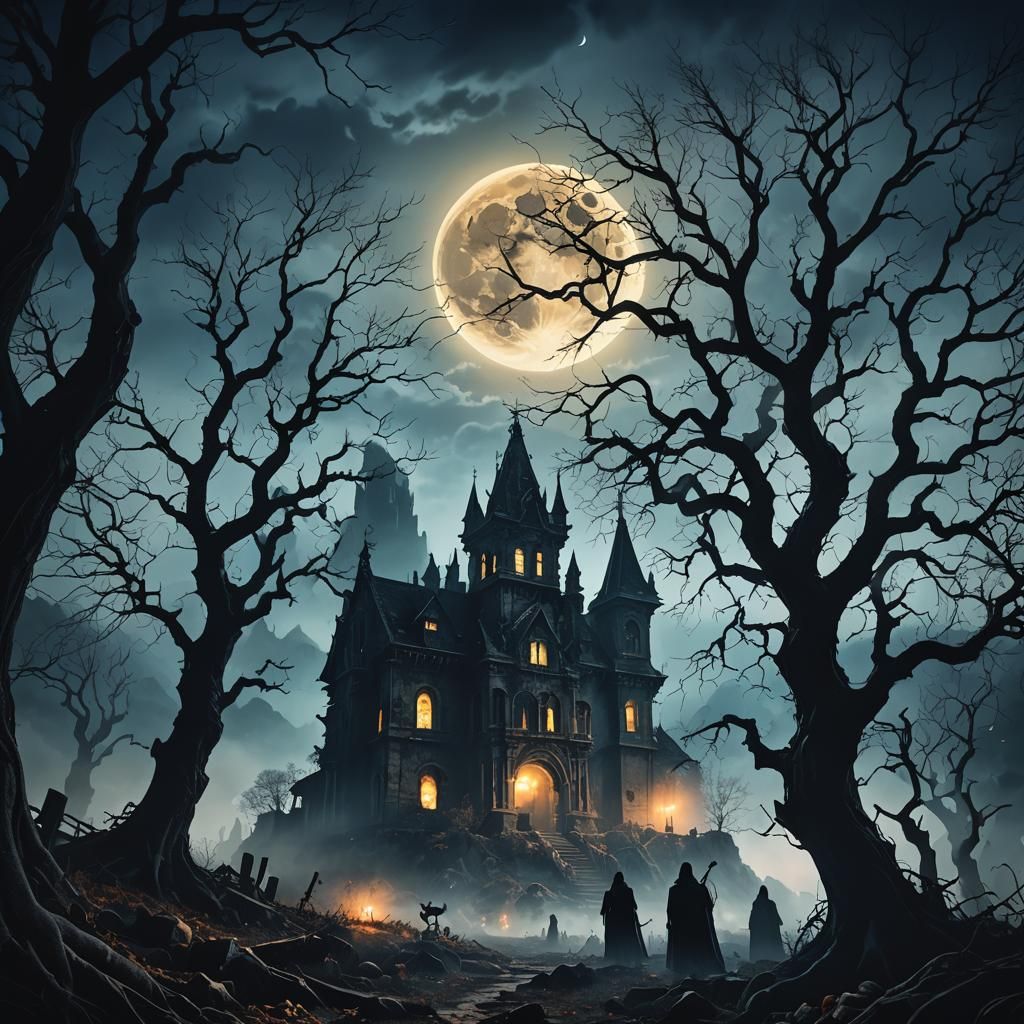 Eerie Ghosts in Misty Mountains: Dark Fantasy Landscape