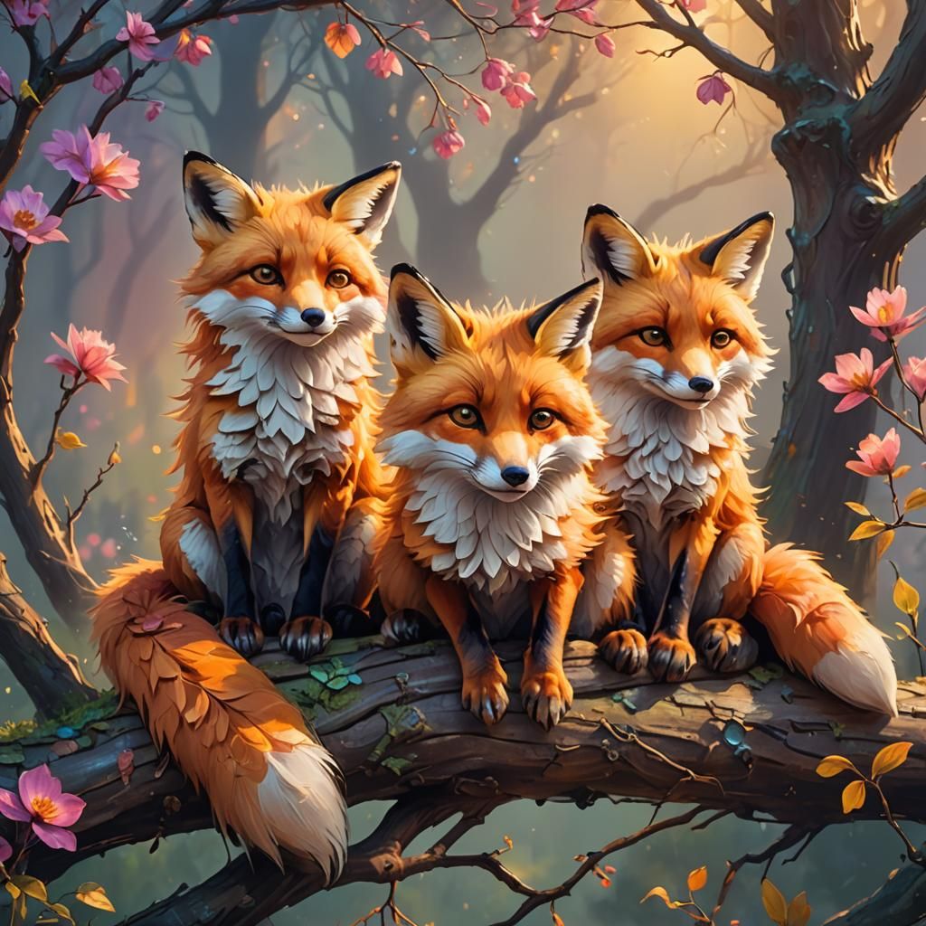 Cute Fluffy Foxes in Whimsical Oil Painting