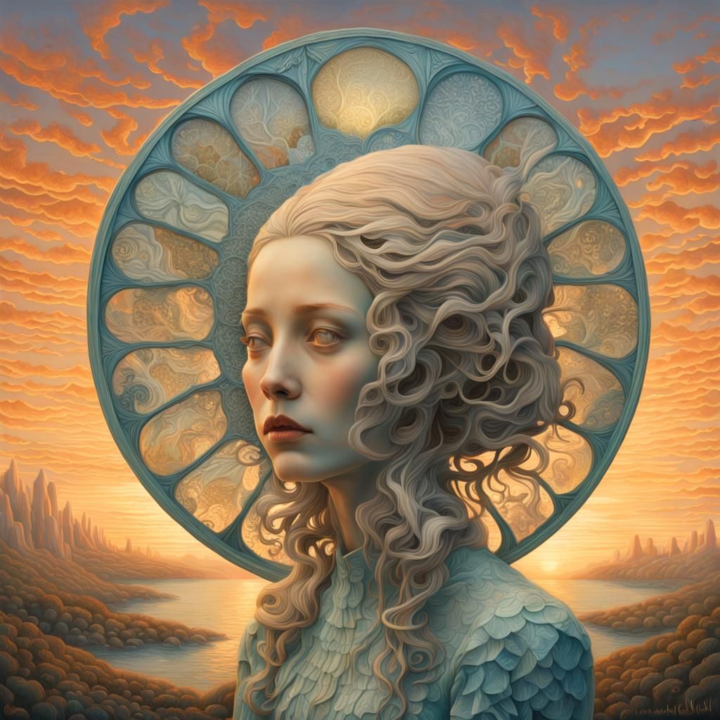 Surreal Sculpture of Woman at Sunset