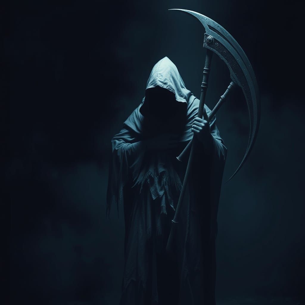 Dark Figure Wields Scythe in Hauntingly Lit Chamber
