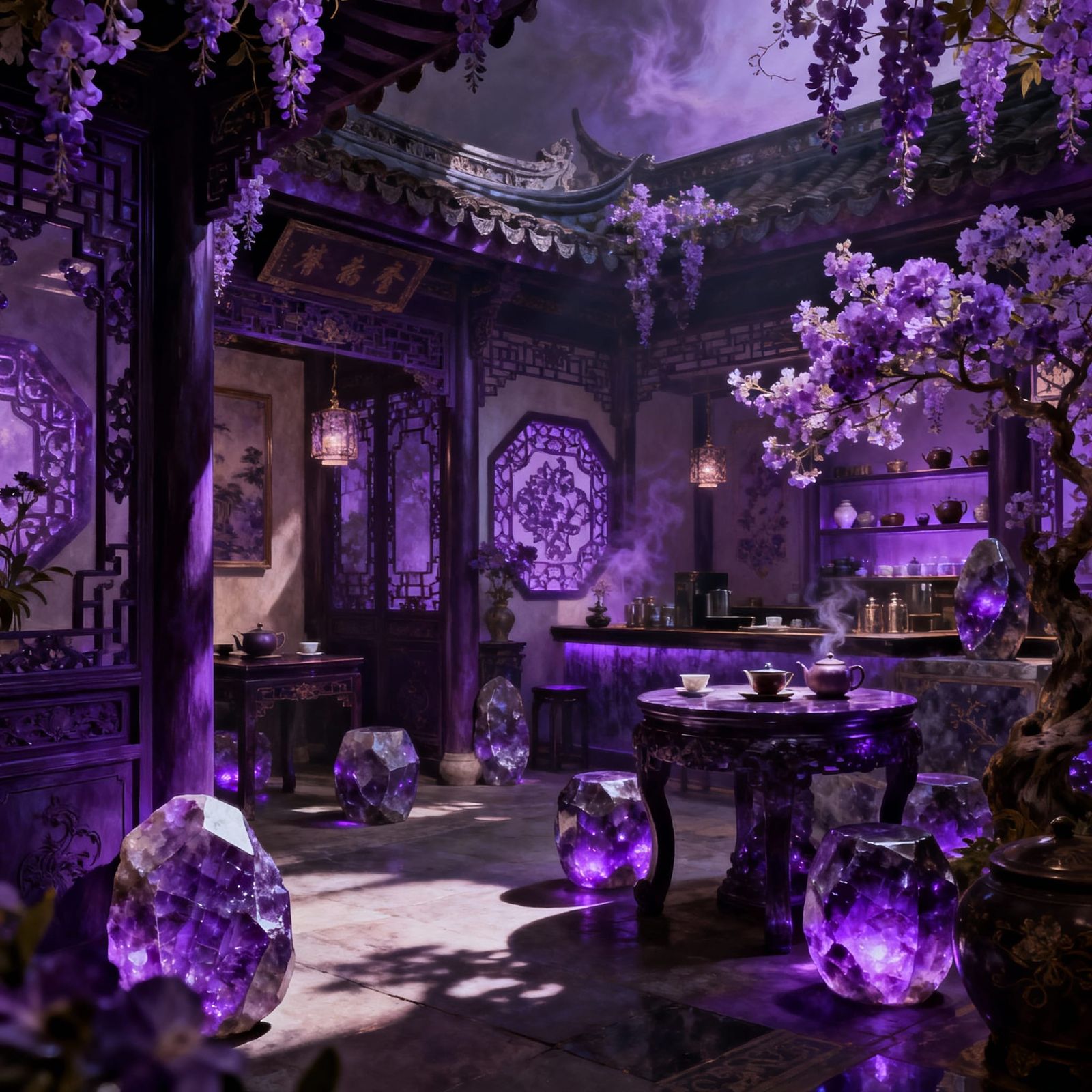 Elegant Purple Tea House Interior With Baroque Fantasy Style