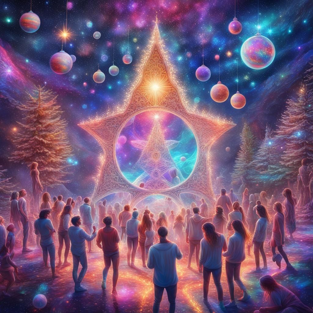 Cosmic Christmas Party in Pablo Amaringo Style