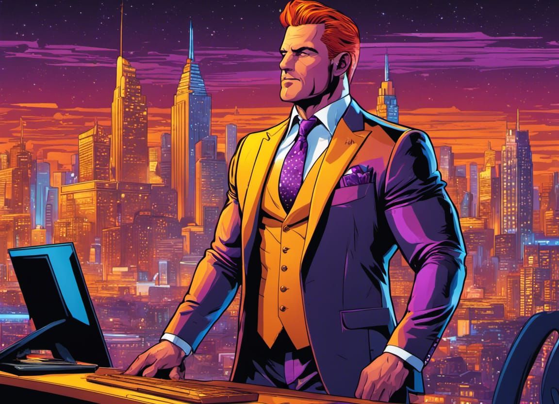 Muscular Show Host in Vibrant Cityscape Mosaic