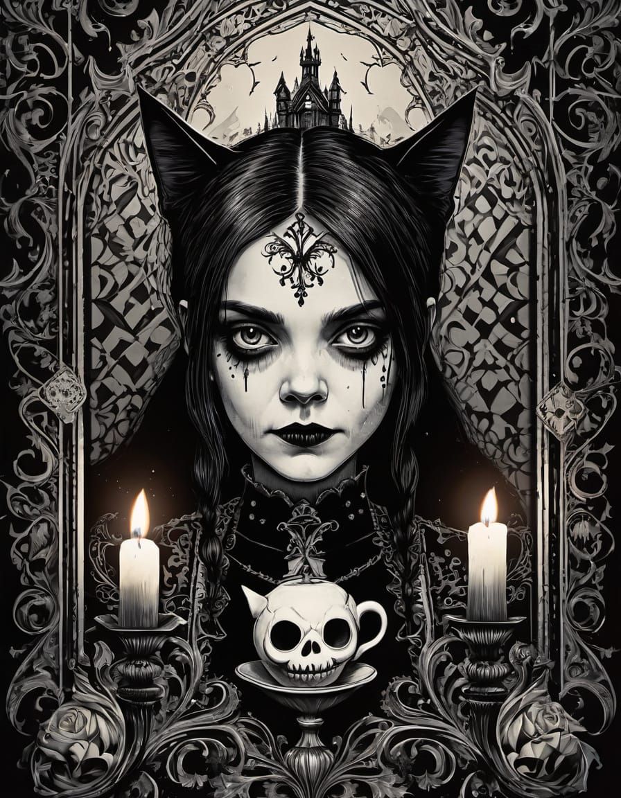 Wednesday Addams Gothic Black and White Illustration