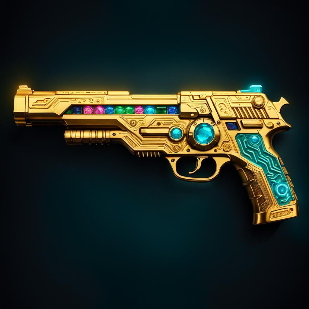 Golden Gem-Encrusted Gun in Cyberpunk Style