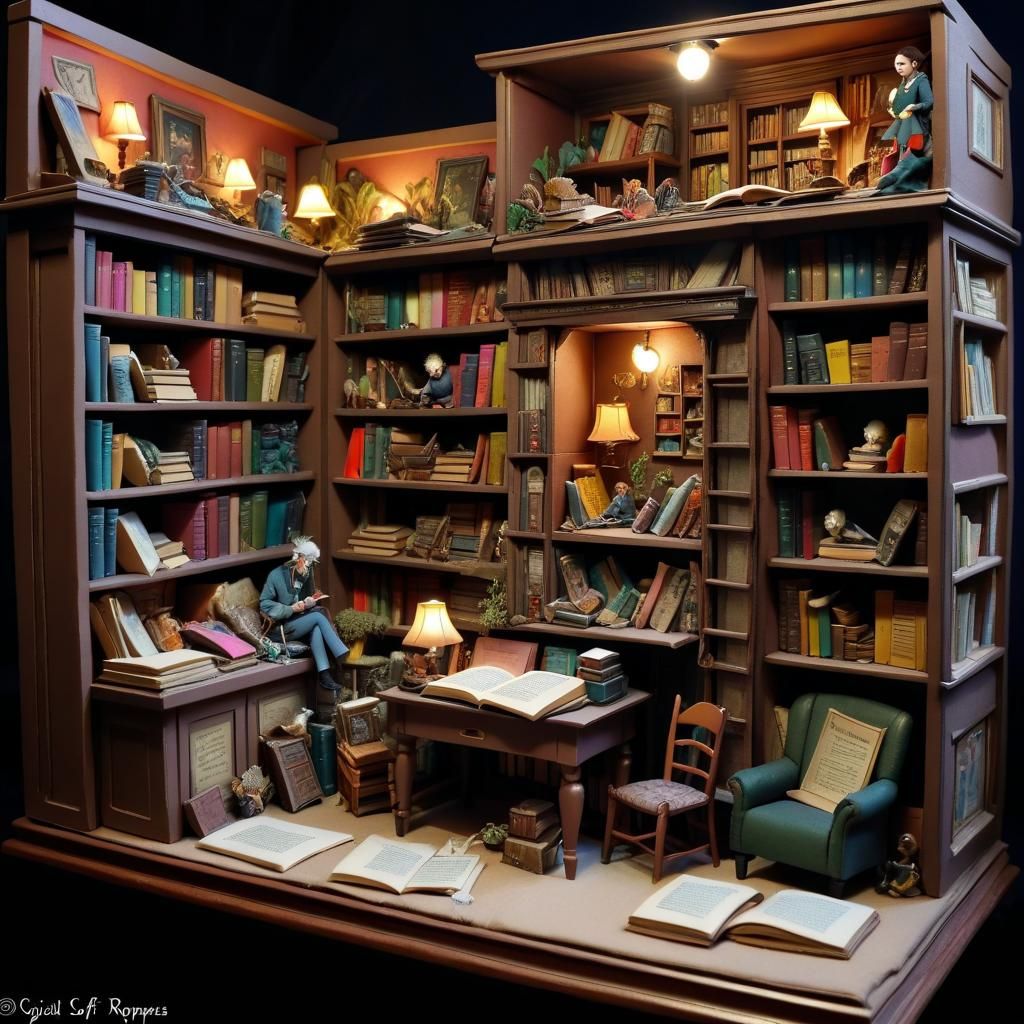Maximalist Hoarder Bookroom Diorama in Soft Sculpture Style