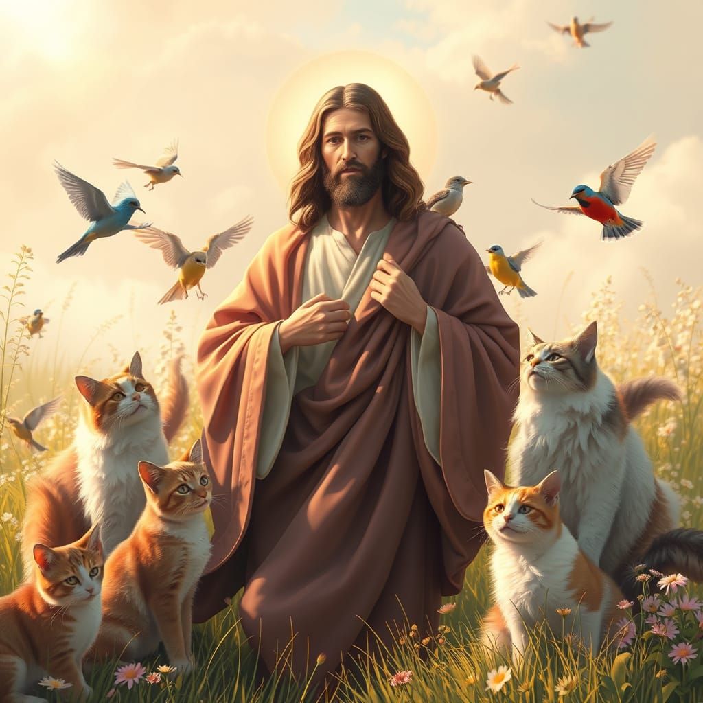 Jesus in a Sunlit Paradise with Faithful Pets