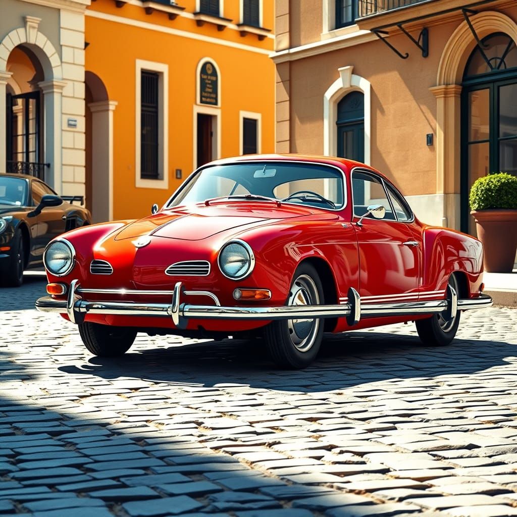 Vintage Red Karmann Ghia on Cobblestone Street
