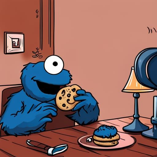 Cookie Monster Eating Cookies at a Table