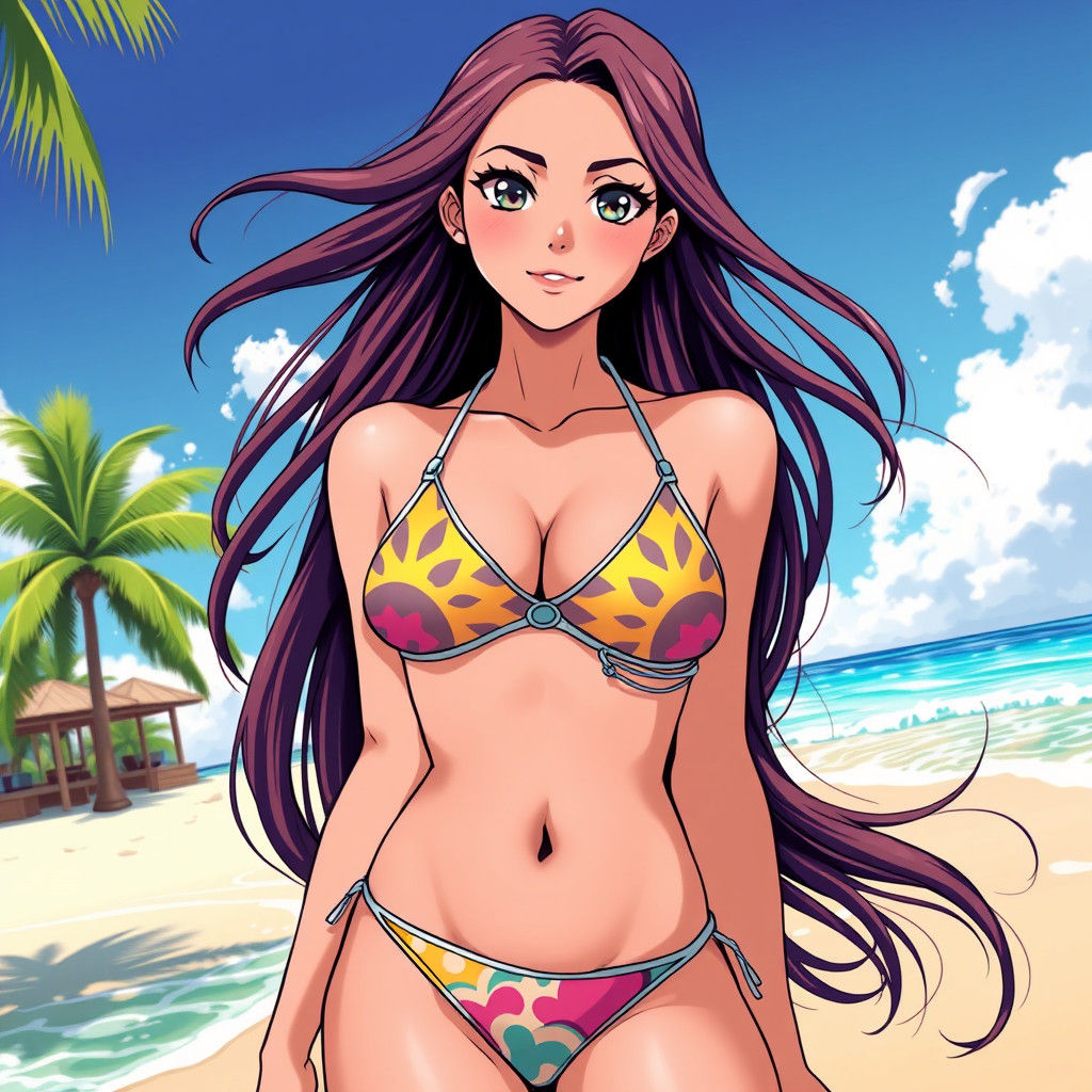 Anime-Inspired Woman on Sunny Beach in Bikini