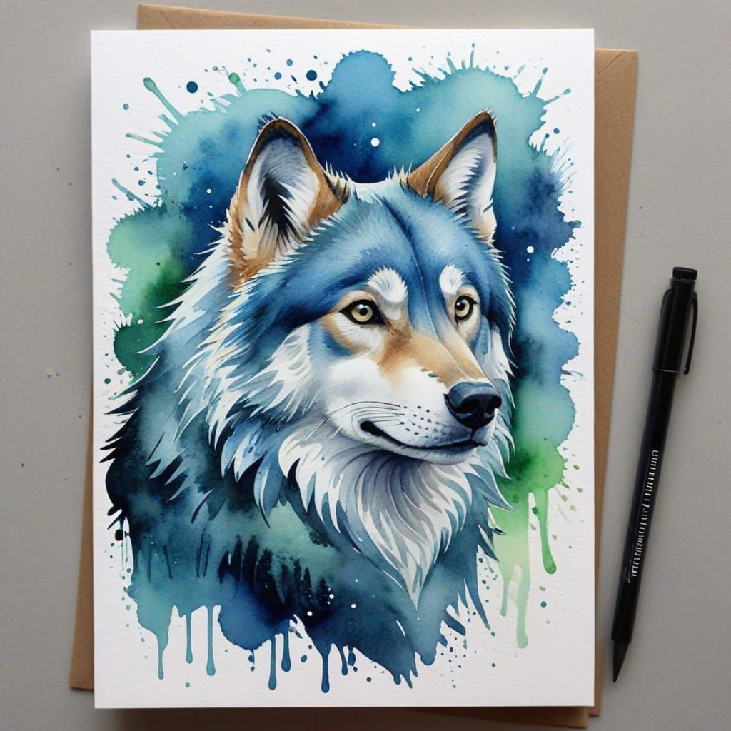 Happy Birthday Valentin Watercolor Card with White Howls