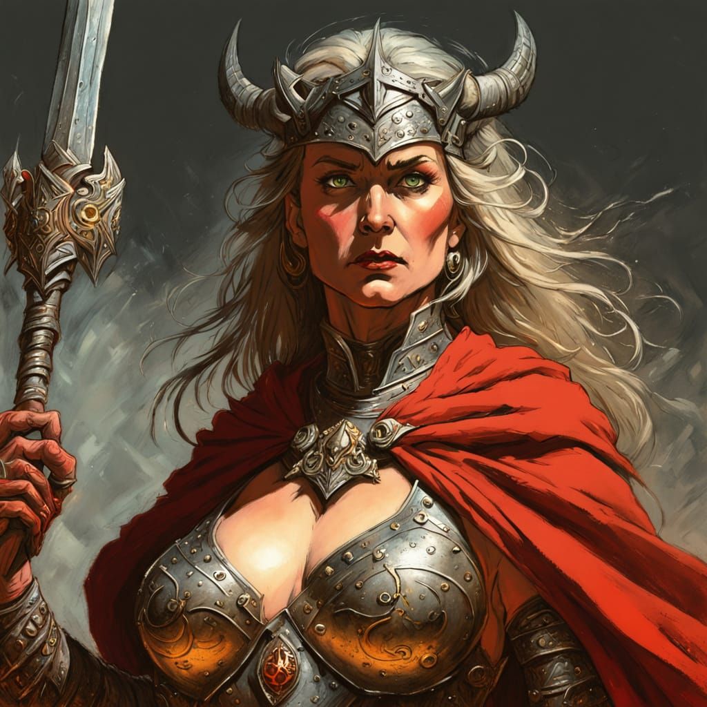 Epic Warrior Priestess in Plate Armor and Red Robe