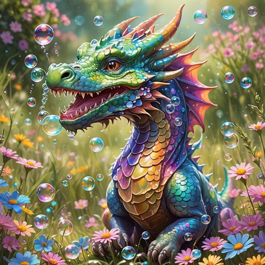 Happy Dragon Blowing Bubbles in Sunny Meadow