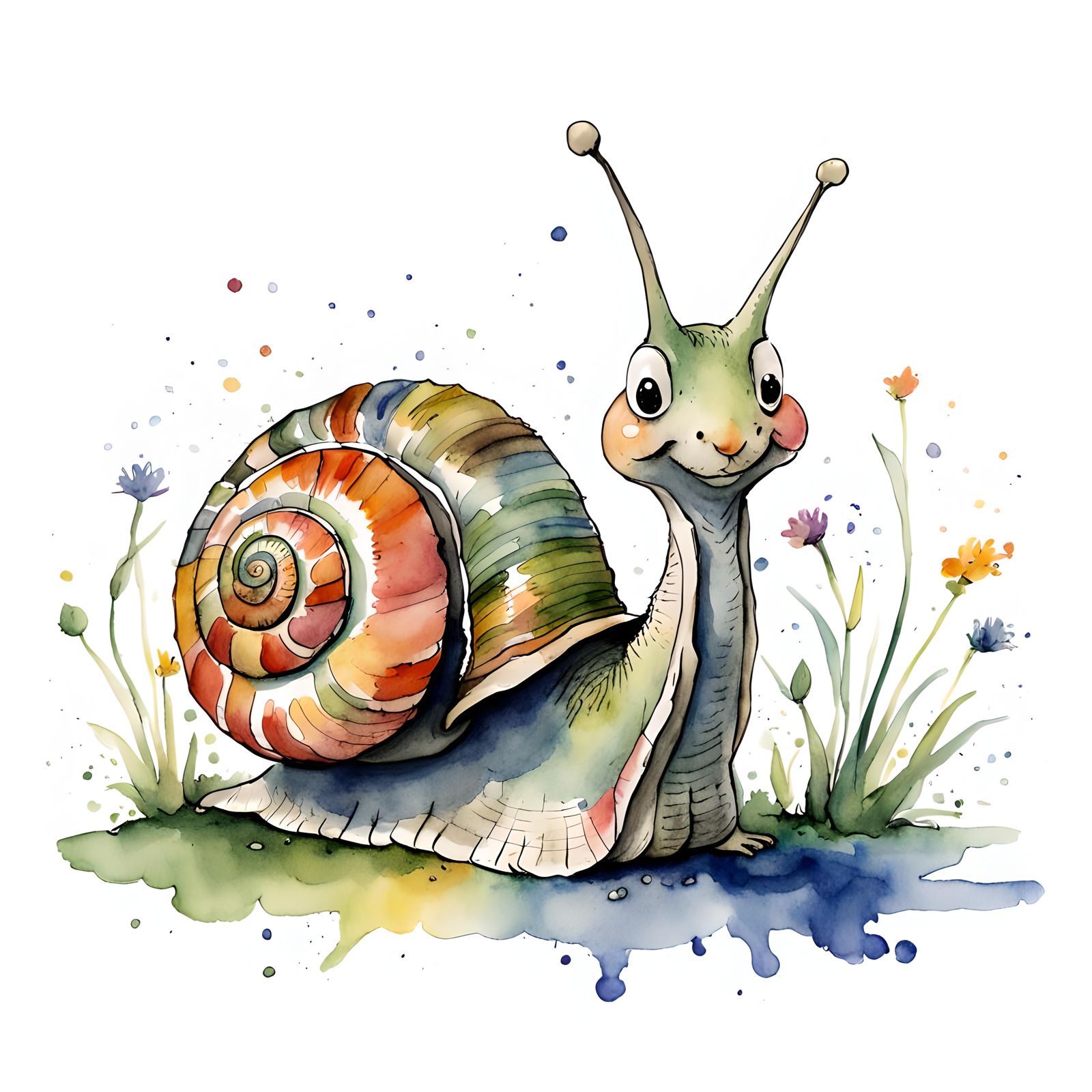 Whimsical Chibi Snail Watercolor Illustration