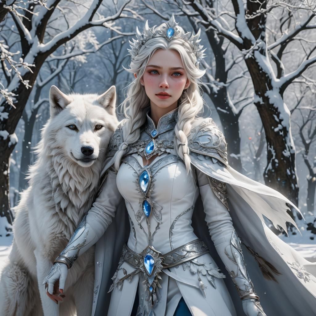 Hyperrealistic Snow Queen with Wolf in Anime Style