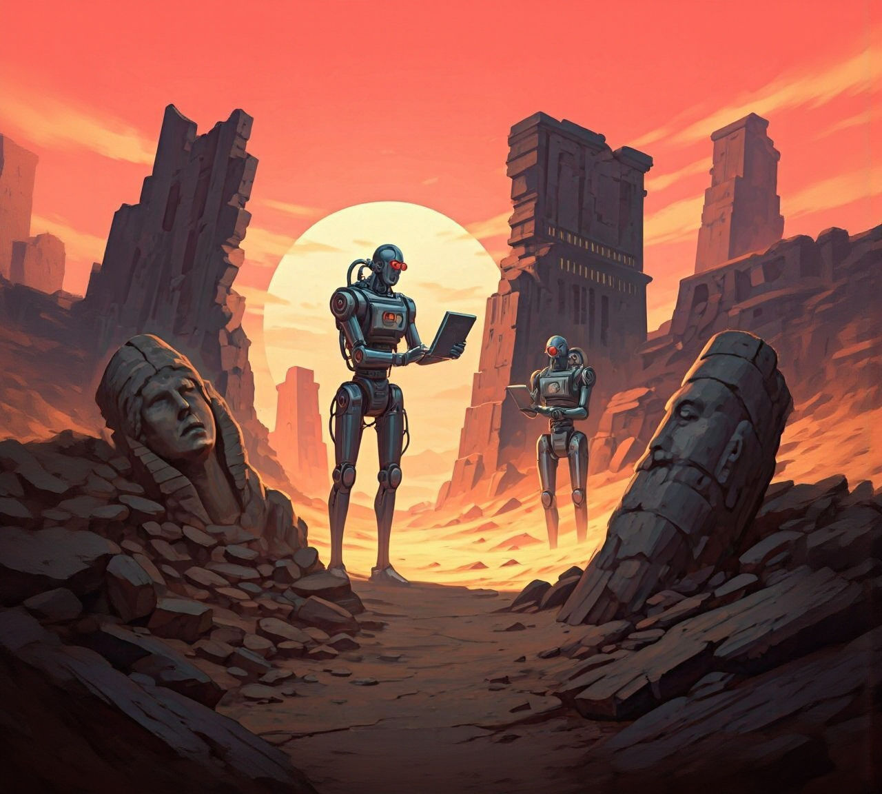 Robots Unearth Ancient City Ruins at Sunset