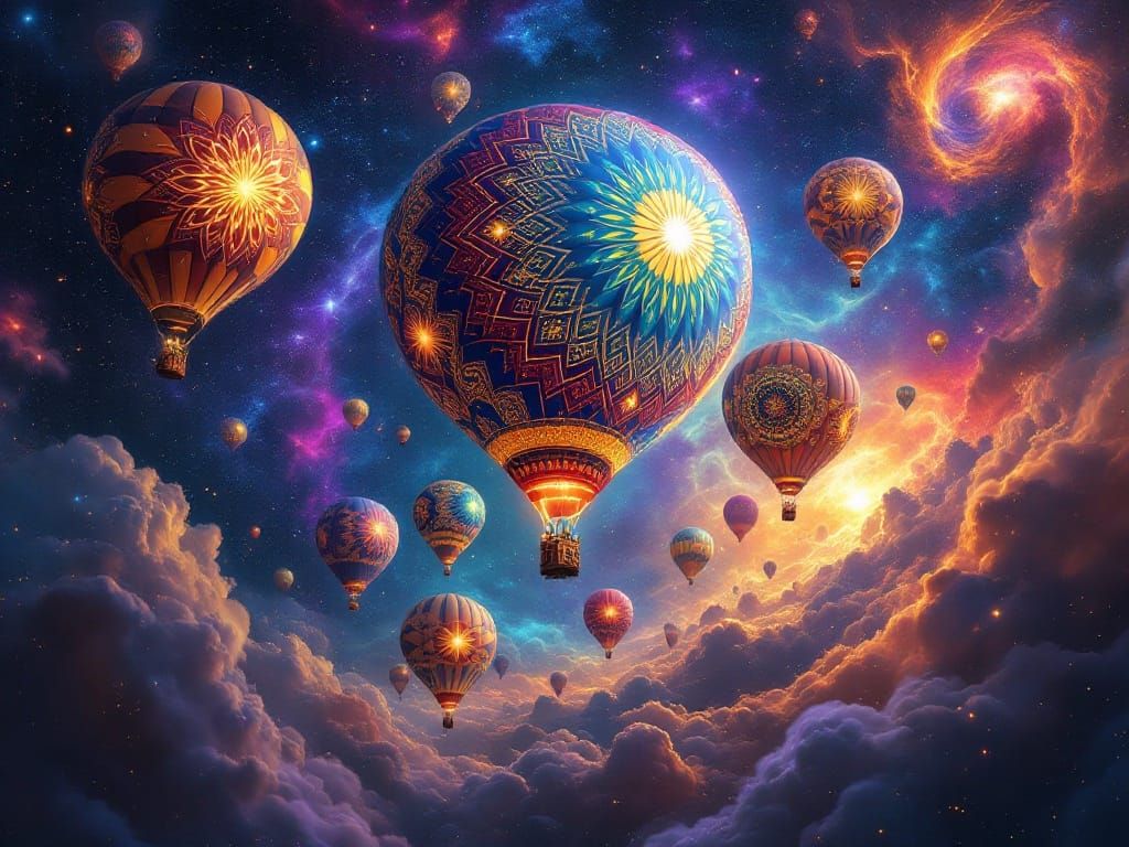 Surreal Nebula Hot Air Balloons in Cosmic Mandala Patterns