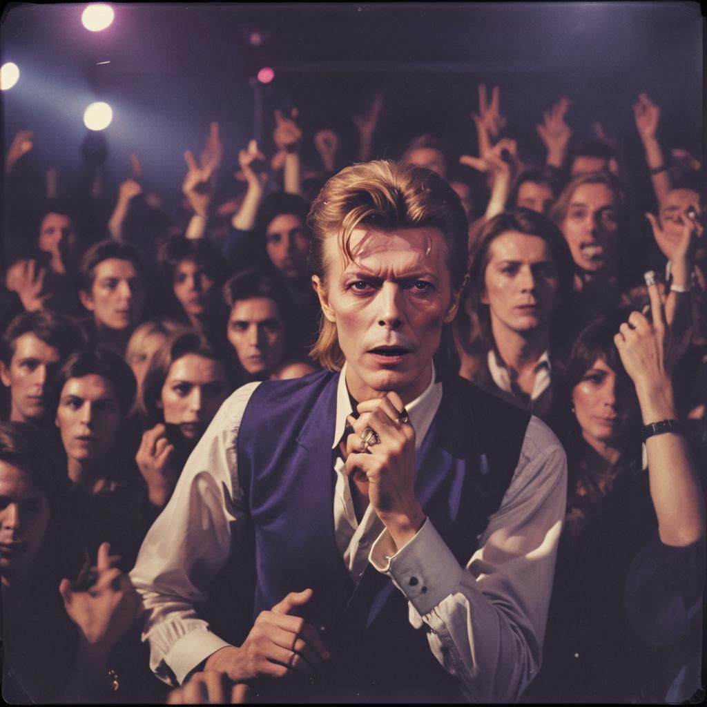 David Bowie 1970s Nightclub Performance in Polaroid Style