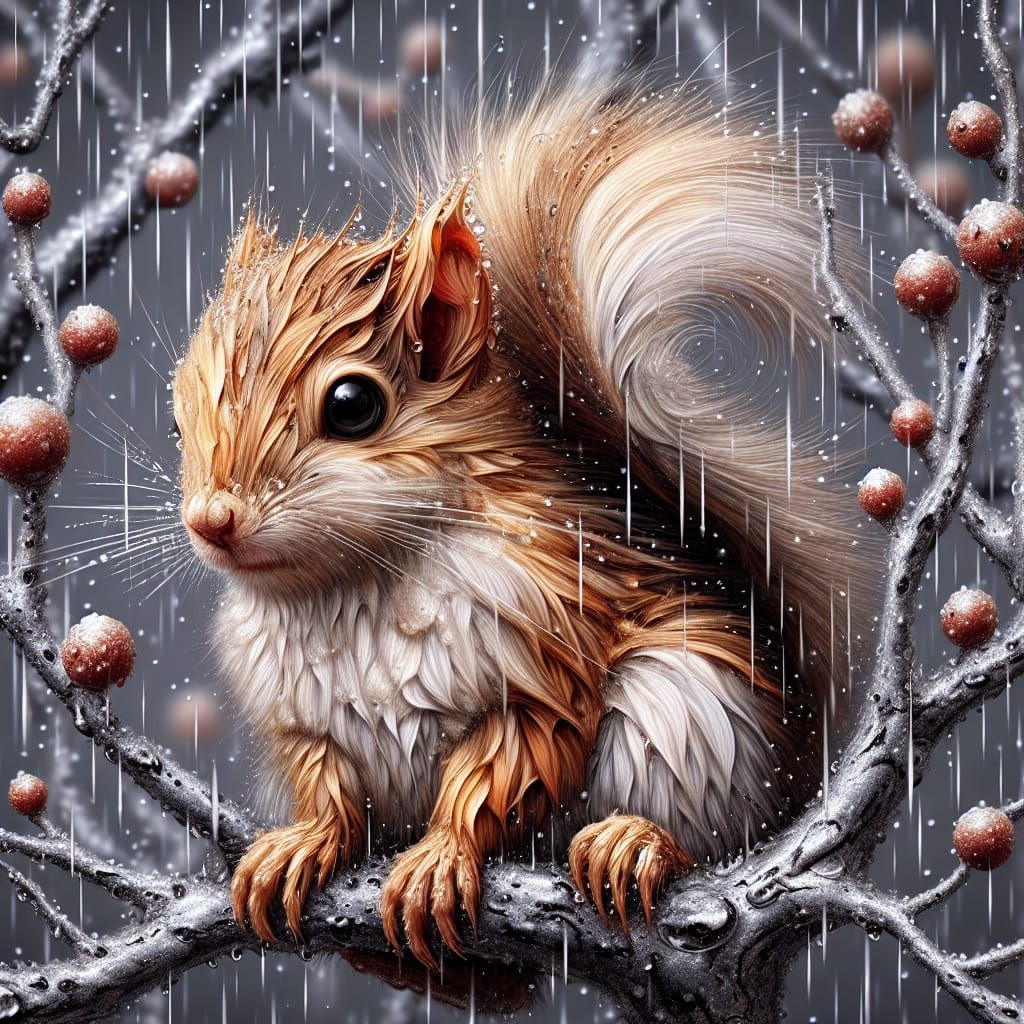 Squirrel in Soft Rain as Digital Acrylic Painting