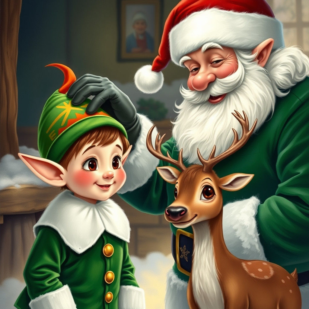 Pip McJingles, Christmas elf, meets Dasher, a baby reindeer....