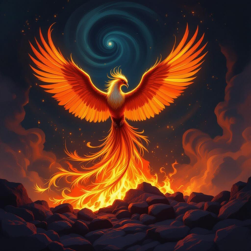 Majestic Phoenix Rises From Cosmic Embers in Fantasy Art