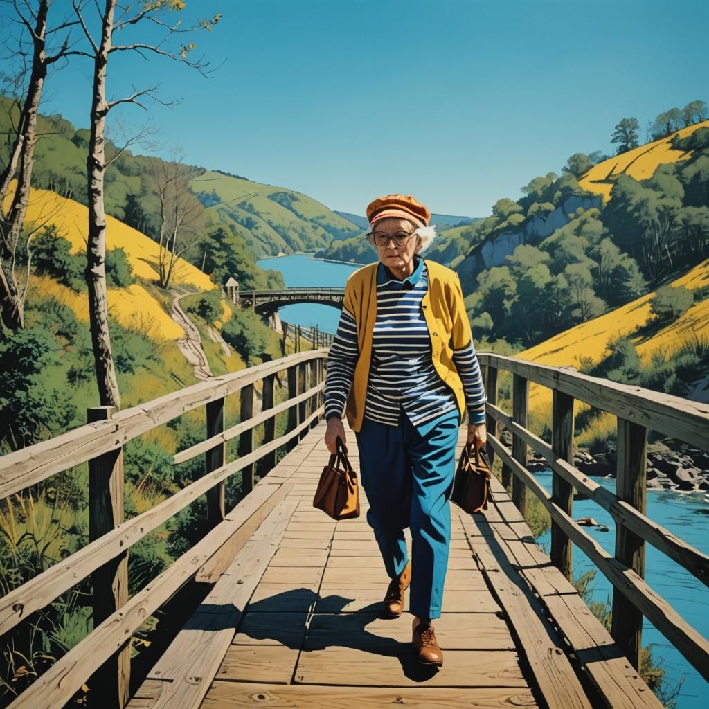 French Lady on Bridge in Pop Art Style