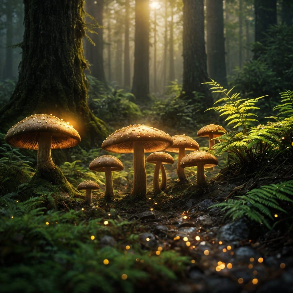 Glowing Mushrooms in Dew-Kissed Forest: Fantasy Concept Art
