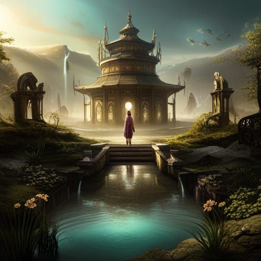 Girl Crying into Pond: Detailed Fantasy Art