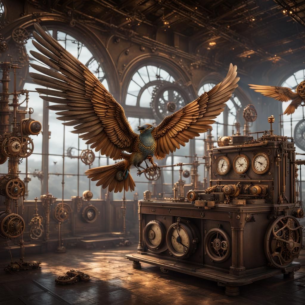 Steampunk Birds with Mechanical Wings and Gears