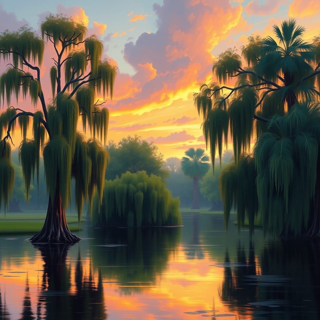 Golden Bayou Scene under a Vibrant Impressionist Sky