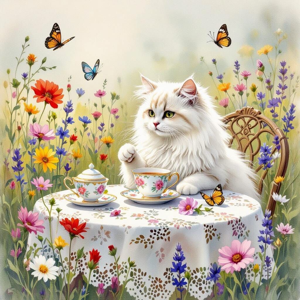Cat's Tea Party in Watercolor Meadow