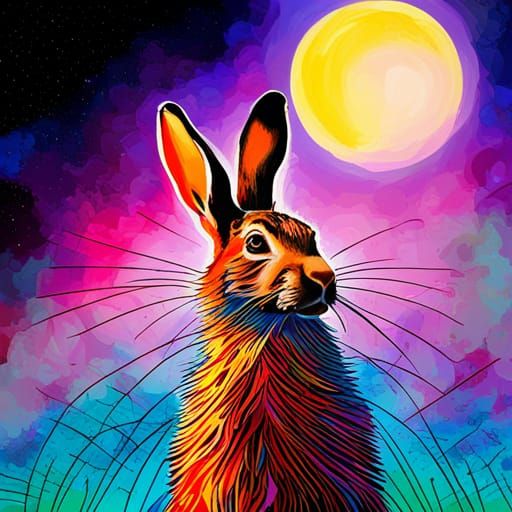Hare Gazing at Moon in Pop Art Style