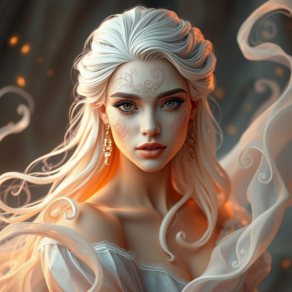 White-Haired Lady with Fractal Zentangle Patterns