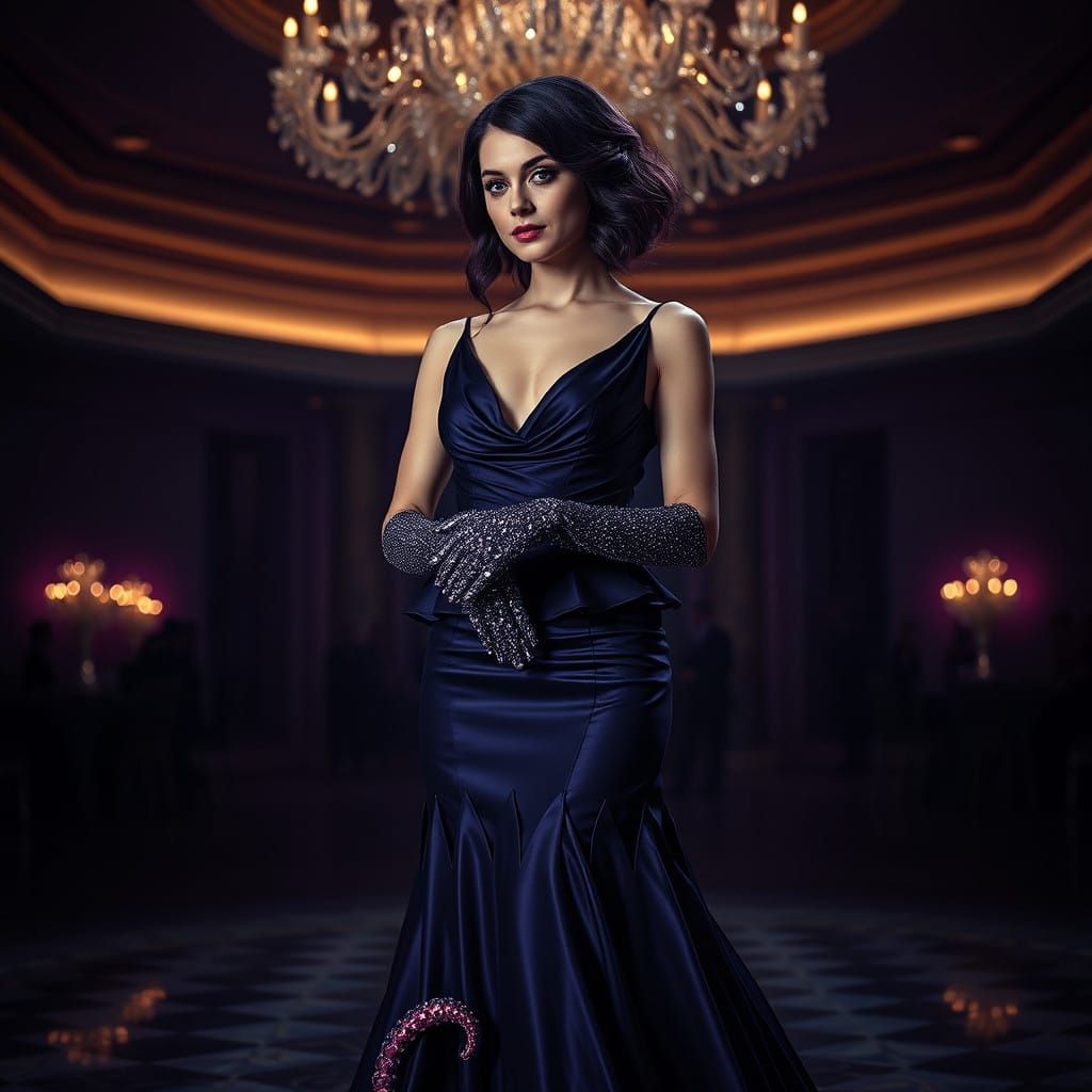 Elegant Woman in Moody Ballroom with Octopus Tentacles Dress