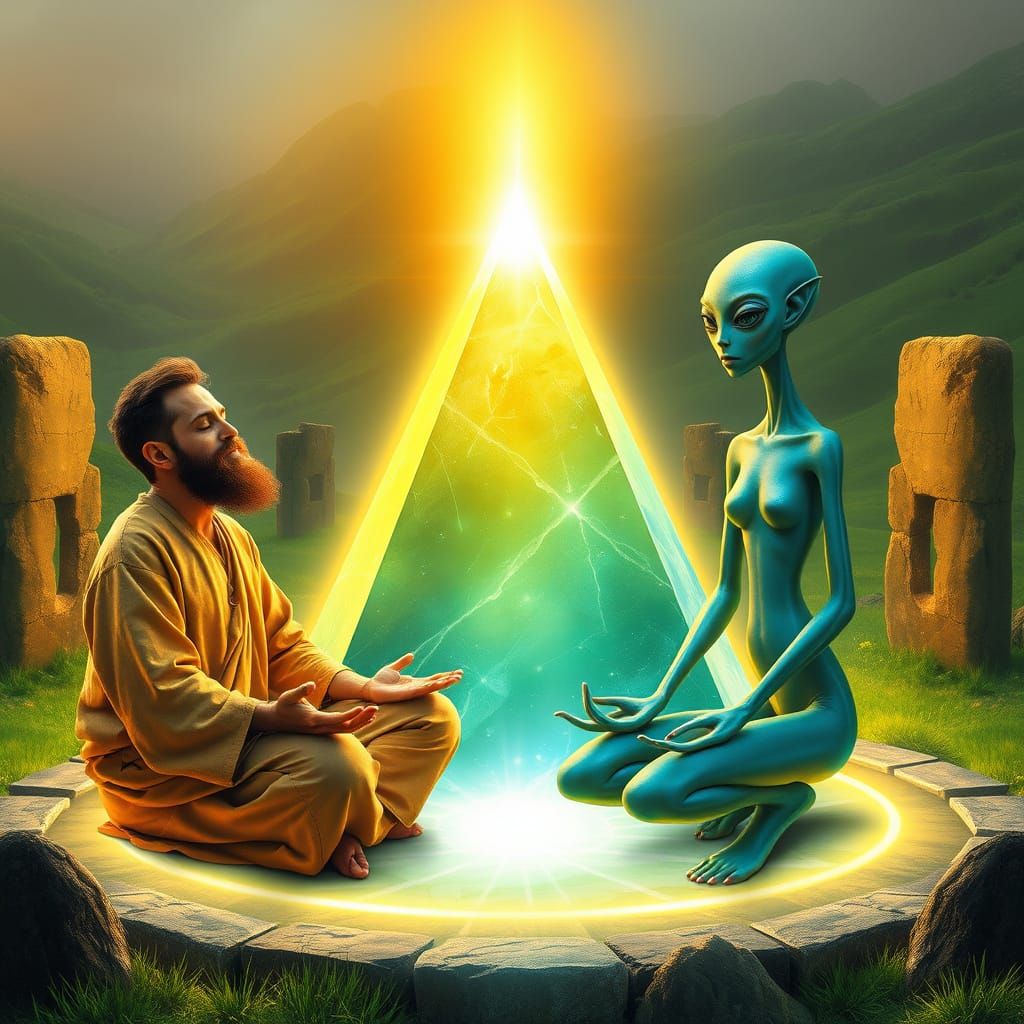 Mystical Energy Pyramid in Megalithic Circle with Meditating...