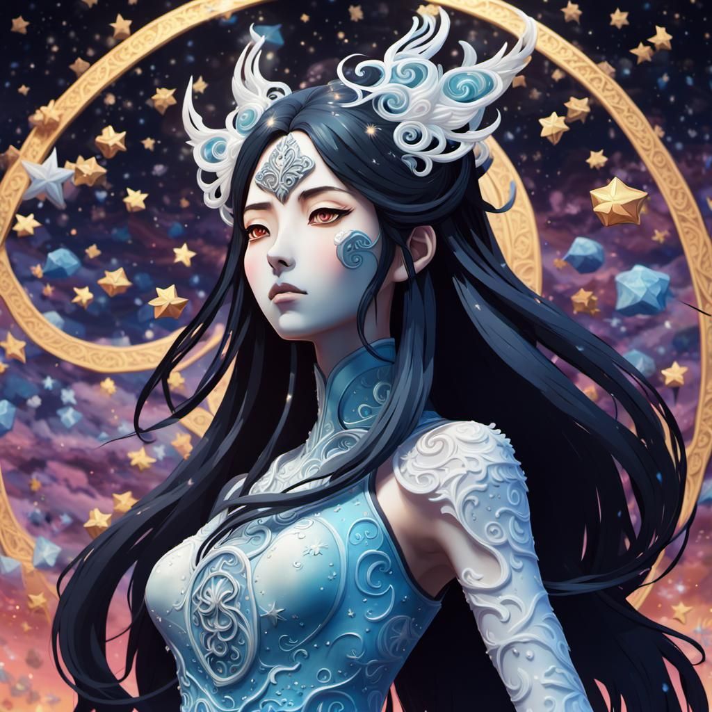 Anime Chaos Goddess with Porcelain Mask in Space