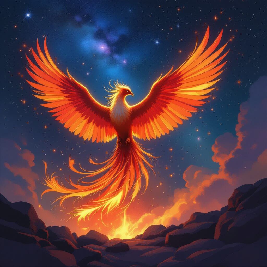 Majestic Phoenix Rising from Ashes in Painterly Style