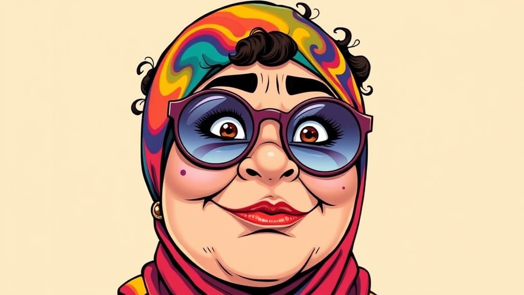 Exuberant Anime Woman Wears Rainbow Hijab with Oversized Sun...