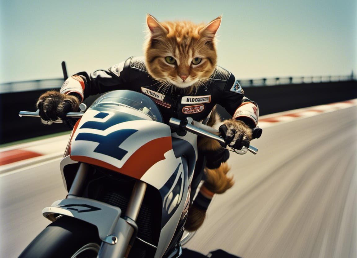 Cat as MotoGP Rider on Motorcycle