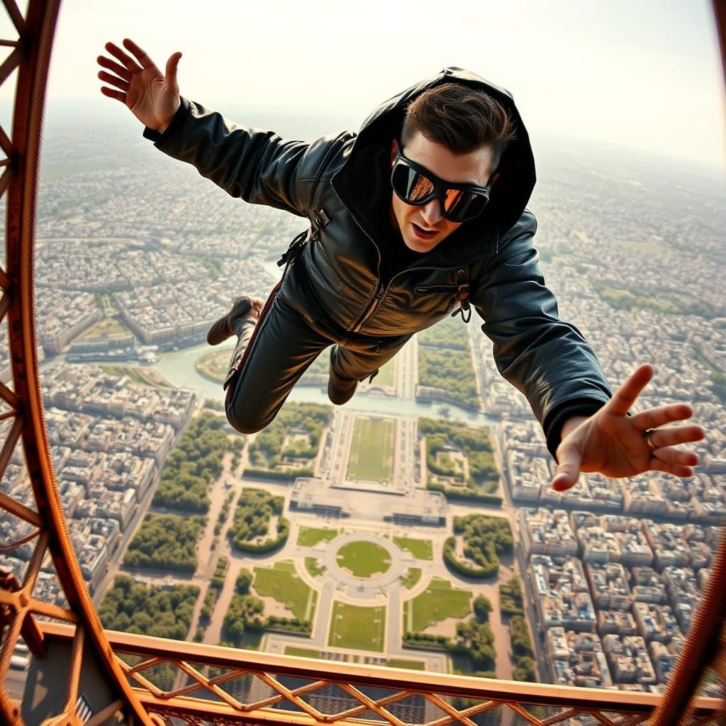 Daredevil Leaps from Eiffel Tower in a Breathtaking Cyberpun...