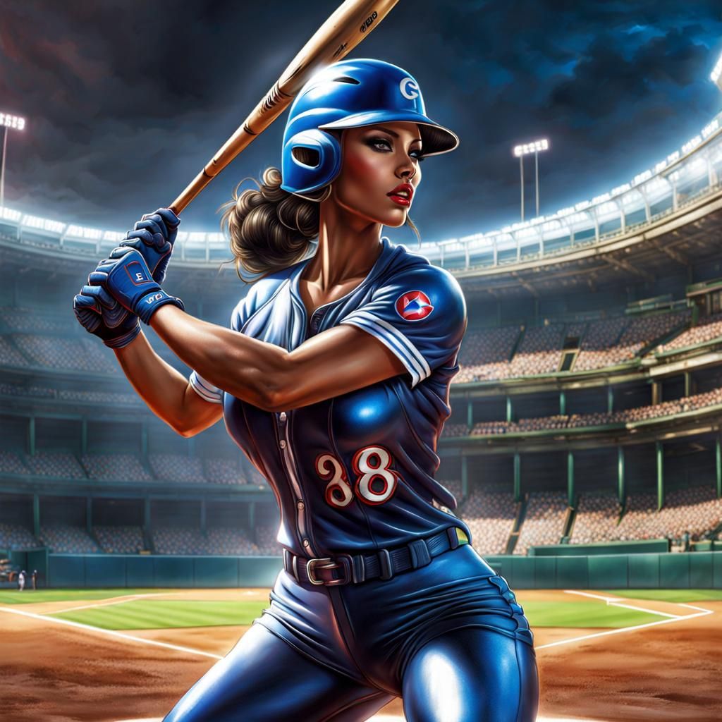 Beautiful Cuban Woman Playing Baseball in Latex Sportsuit